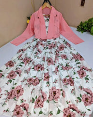 2 Pcs Stylish Floral Print Maxi Dress With Pink Jacket – Women’s Western Wear – Floral Maxi