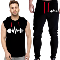 Black Vinyl Dumble Printed Gym Summer Hooded Sleeveless Tracksuit For Mens (hooded + Trouser)