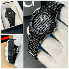 New Watch Collection Black Stone / Blacked Iced Out Stain-less Steel Chain Watch For Mens Fashion (black Without Box)
