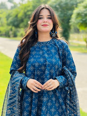 Uswa Zia 3 Piece Printed Swiss Lawn Suit – Blue, Stiched Suit (standard Size)