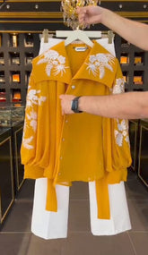 Women’s 3-piece Mustard Embroidered Chiffon Western Maxi Set – Upper, Inner & Belt, Medium Size, Elegant Party Wear