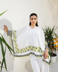 Women’s 3-piece Swiss Lawn Printed Suit – White, Medium Size, Shirt, Trouser & Inner Set, Elegant Summer Outfit – 14 August Special Edition