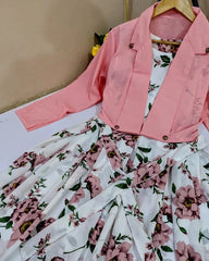 2 Pcs Stylish Floral Print Maxi Dress With Pink Jacket – Women’s Western Wear – Floral Maxi